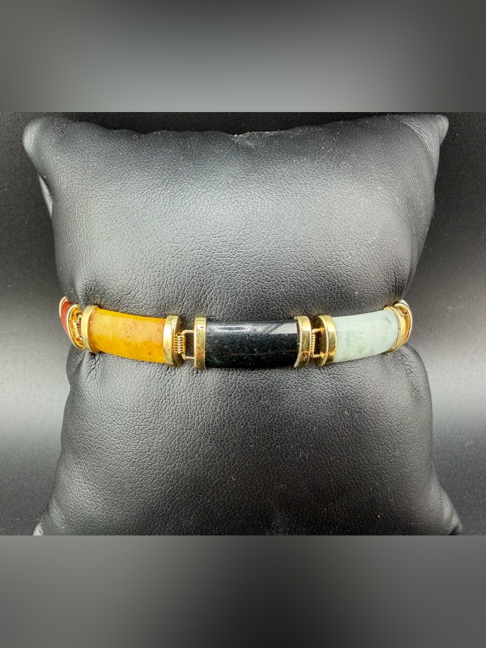 Sterling Silver 925 Gold Overlay Multicolor Jade Link Bracelet 7.75”